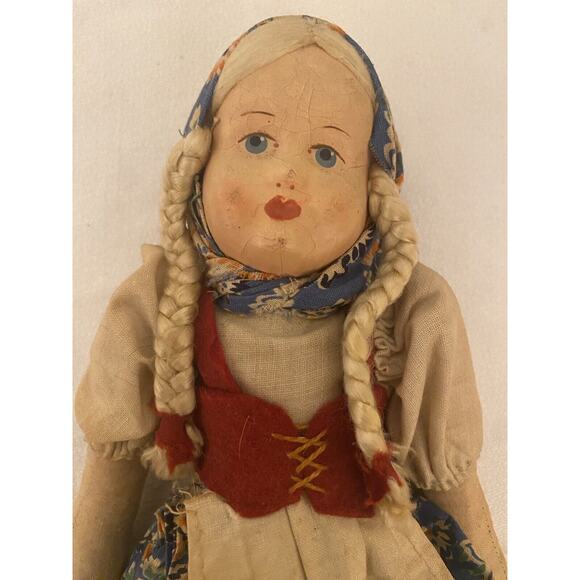 VTG Paper Mache Face Doll Polish Girl Stamped Poland Cloth Body Markings Arm - Picture 2 of 10